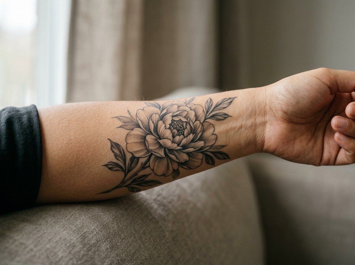 Peony tattoo: black and grey peony on the outer forearm