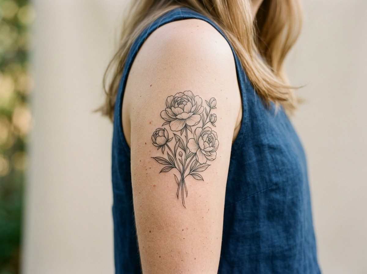 Peony tattoo: peony bouquet on the upper arm