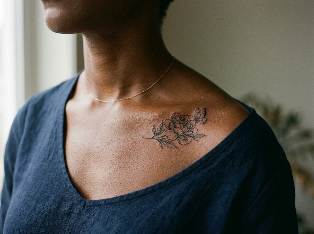 Peony tattoo: peony and butterfly on the collarbone