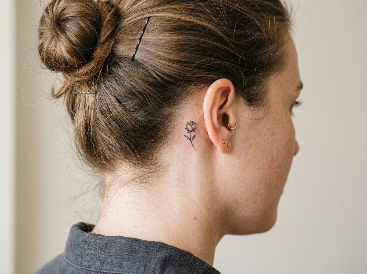 Peony tattoo: peony bud behind the ear