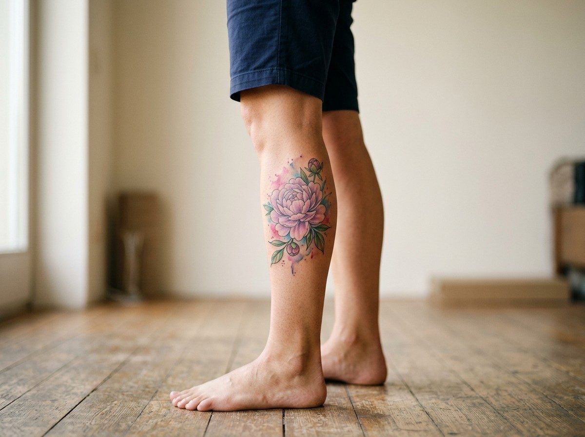 Peony tattoo: watercolor peony on the lower leg (human calf muscle)
