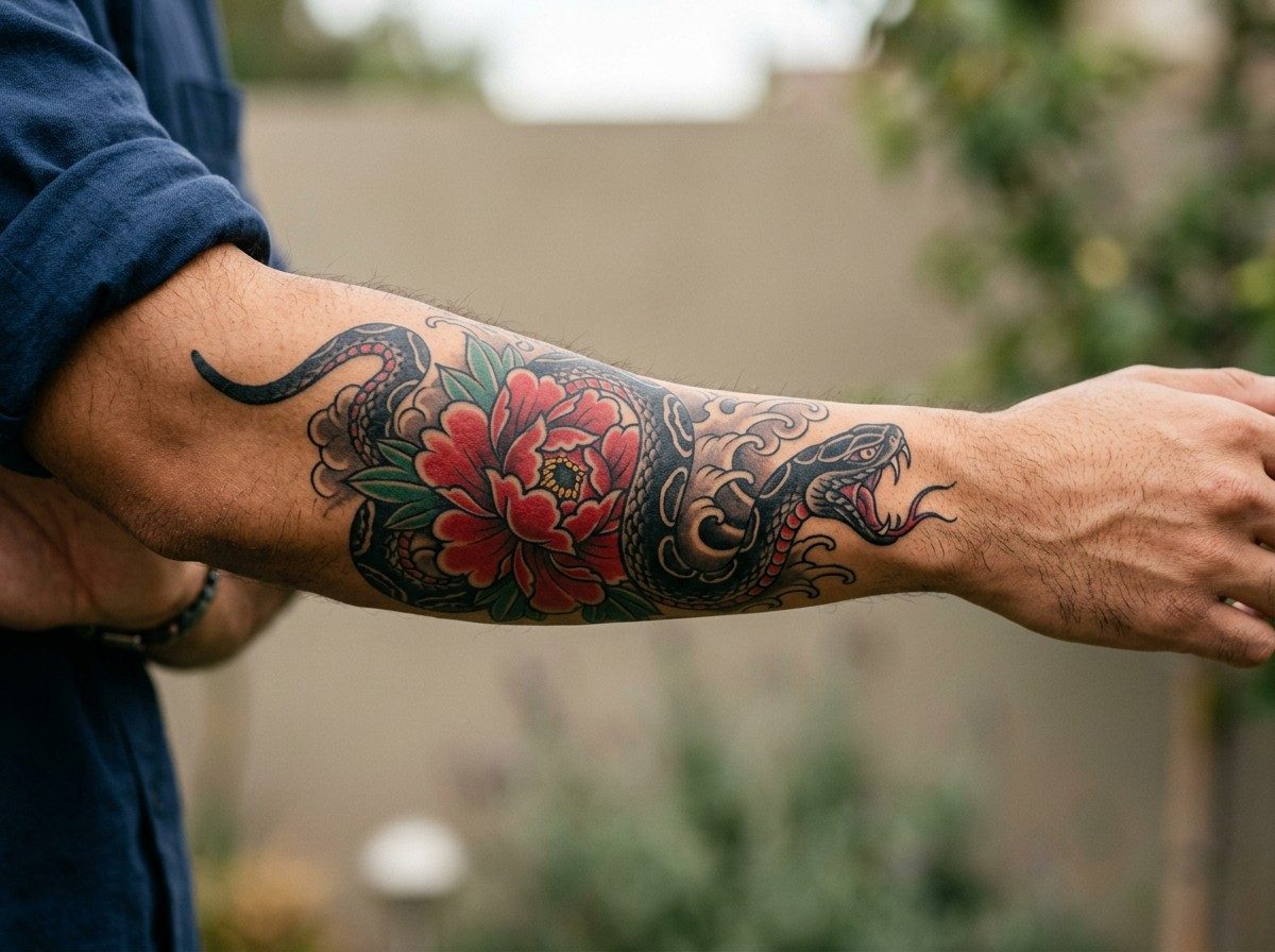 Peony tattoo: peony and snake on the forearm