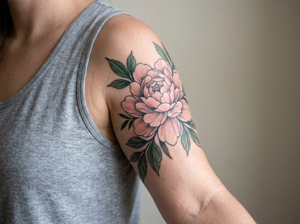 Peony tattoo: pink peony with leaves on the upper arm
