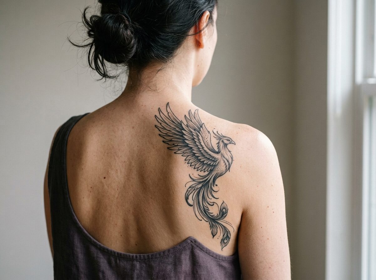 Phoenix tattoo on the shoulder blade