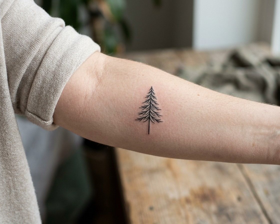 Pine tree tattoo: minimalist pine tree on the inner forearm