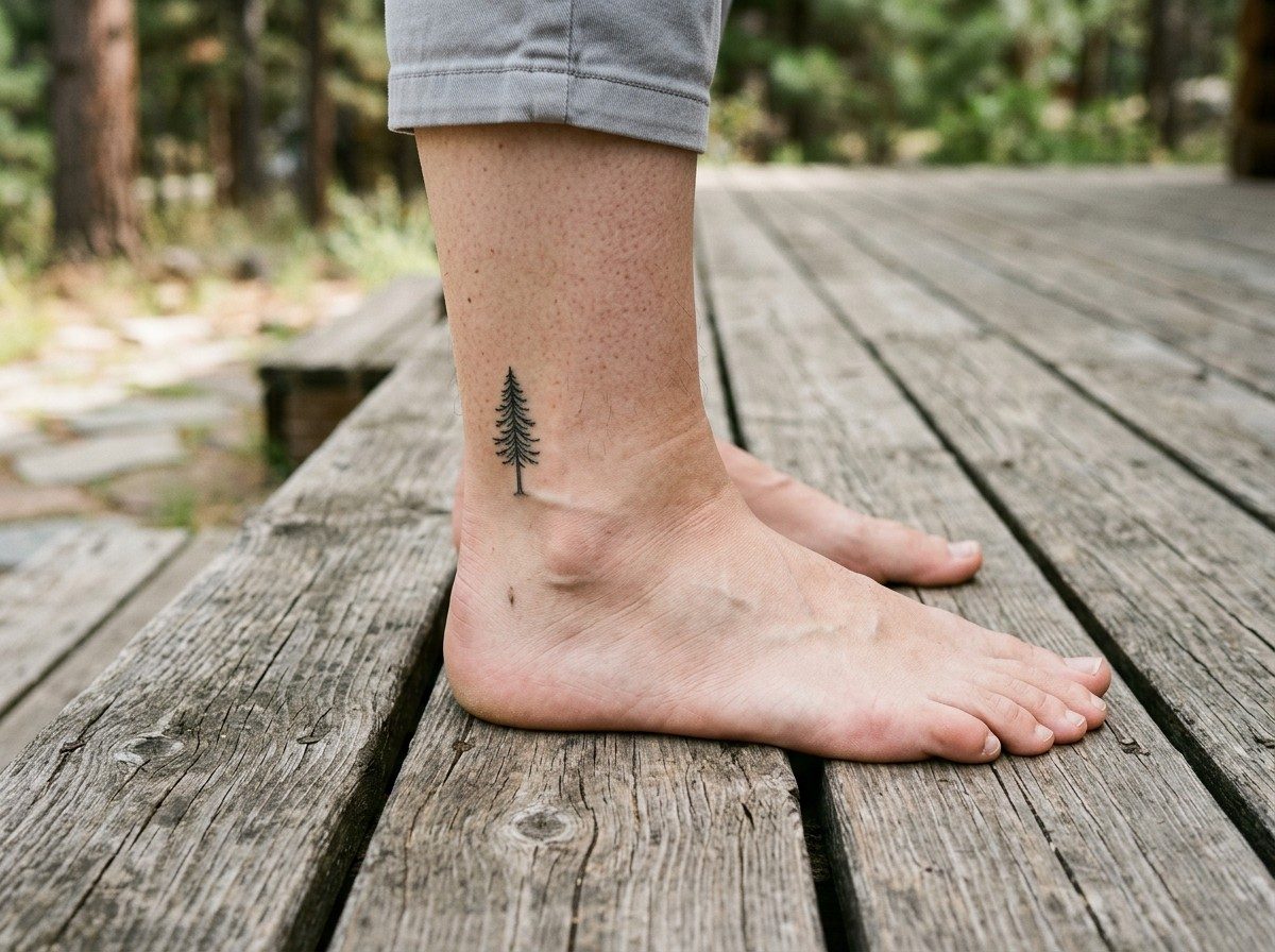 Pine tree tattoo: tiny pine tree on the ankle
