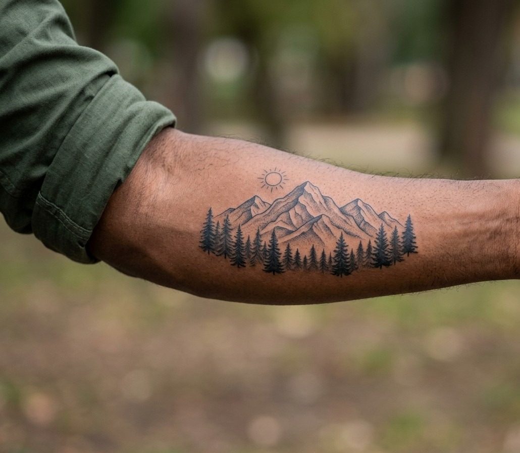 Pine tree tattoo: mountain and pine trees on the outer forearm