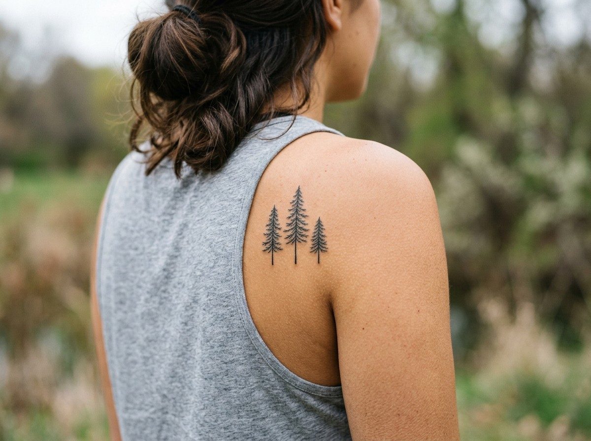 Pine tree tattoo: three pine trees on the shoulder blade