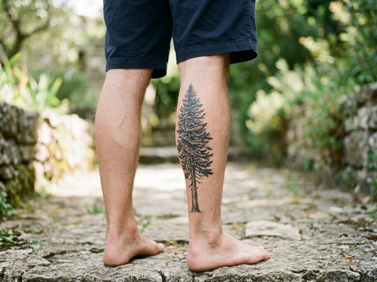 Pine tree tattoo: realistic pine tree on the calf