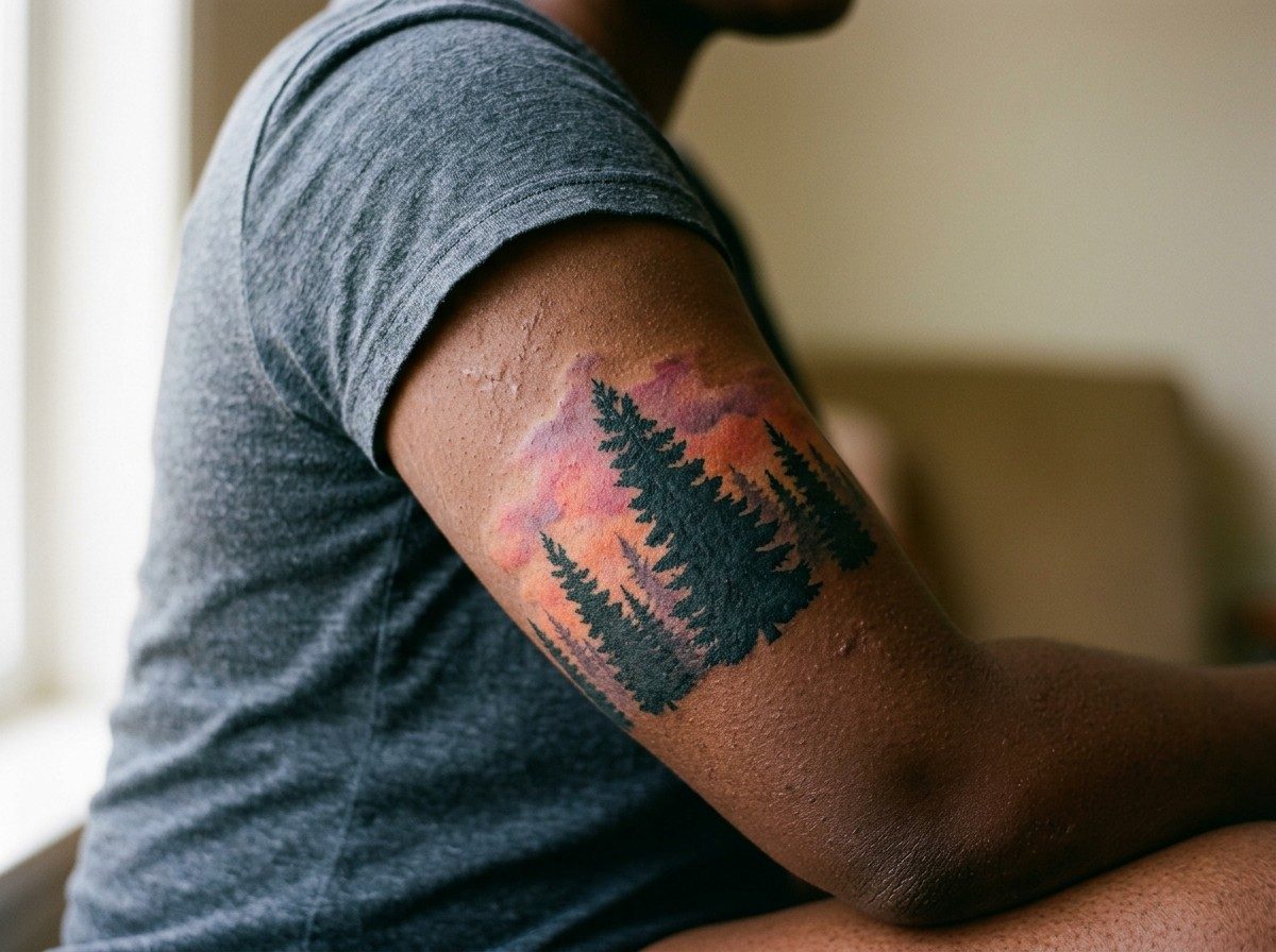 Pine tree tattoo: pine tree silhouette at sunset on the upper arm