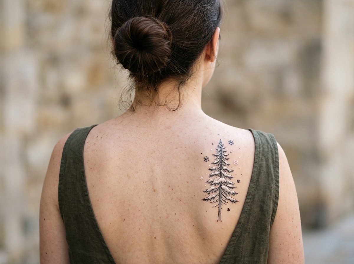 Pine tree tattoo: snowy pine tree on the shoulder blade