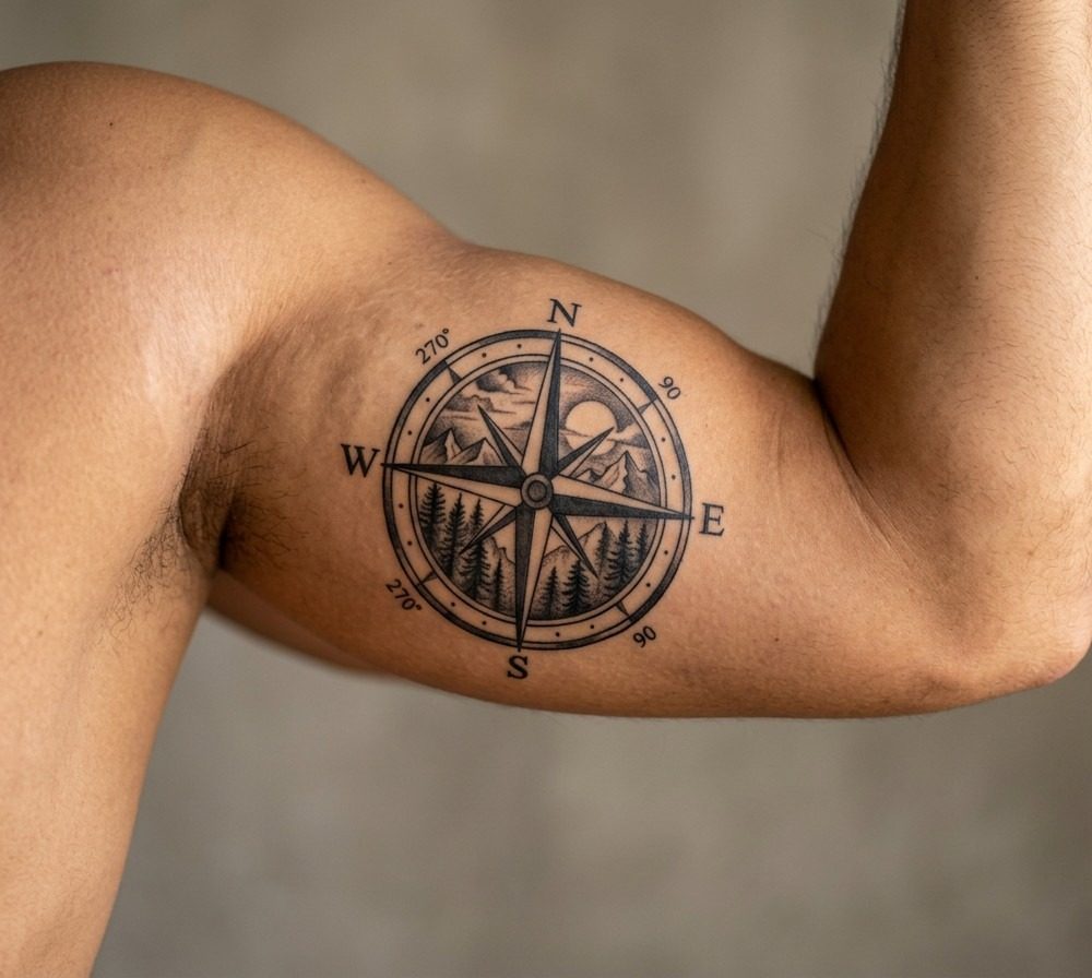 Pine tree tattoo: pine tree and compass on the upper arm