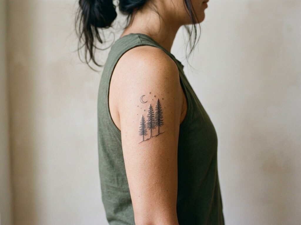 Pine tree tattoo: three fine line pine trees under a crescent moon on the upper arm