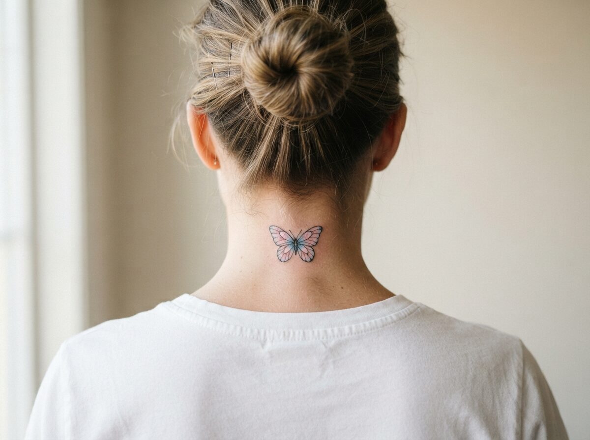 Pink and blue butterfly tattoo on the back of the neck
