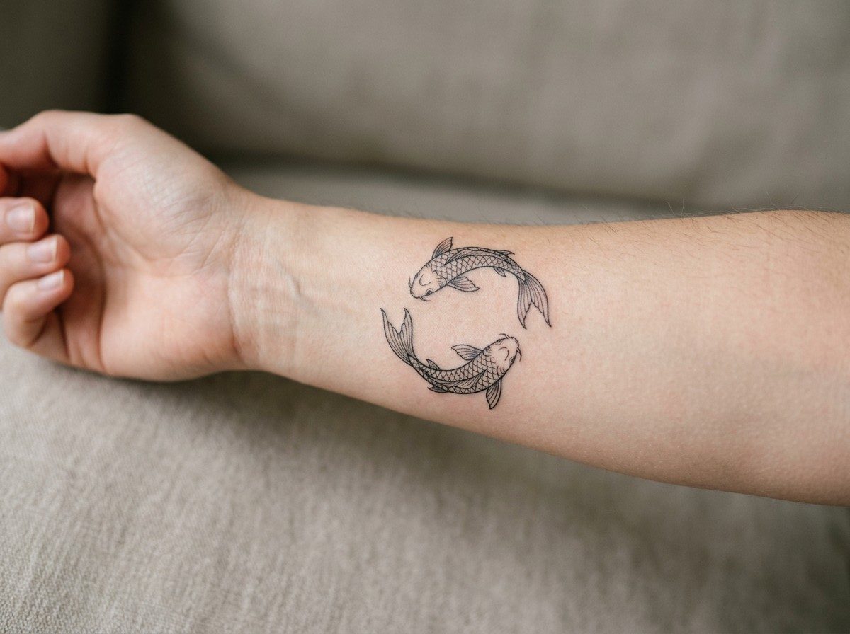 Pisces tattoo: two fish circle on the inner forearm