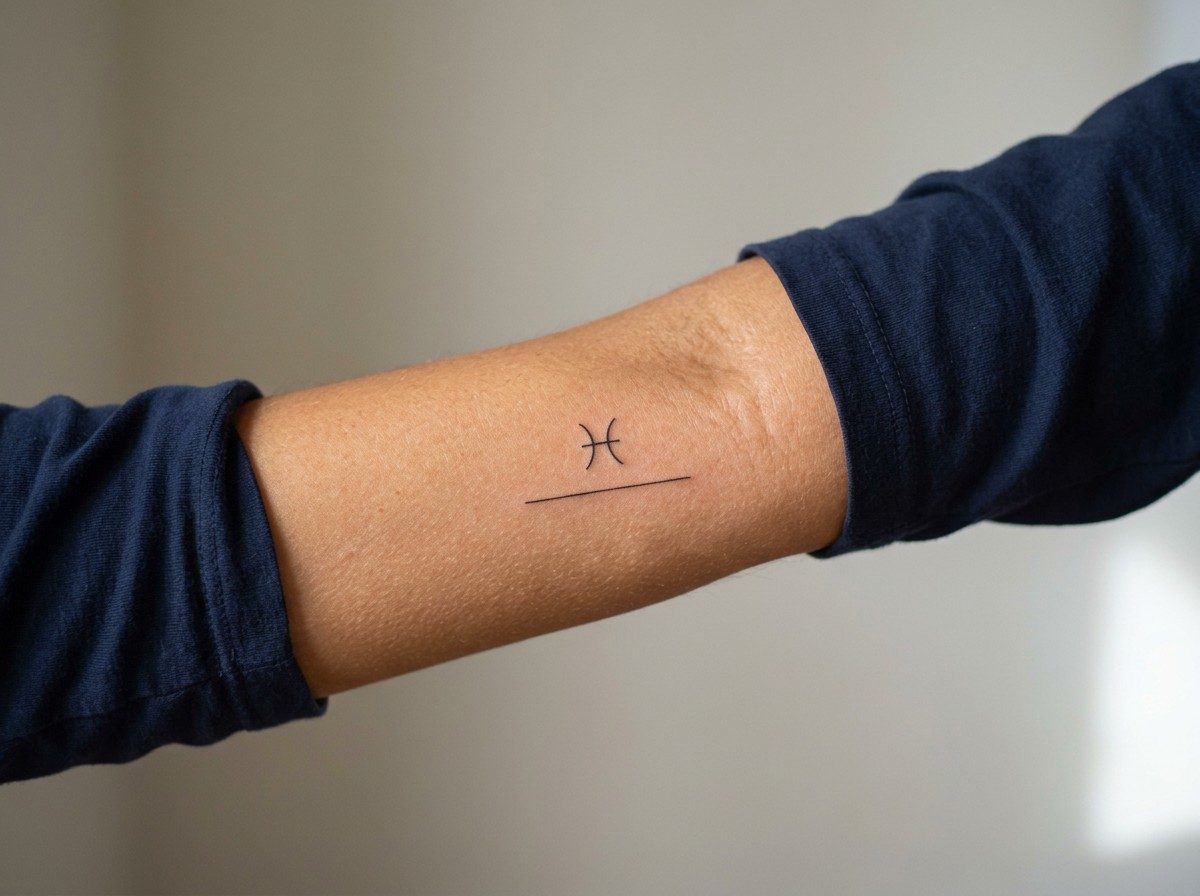 Pisces tattoo: birth date glyph on the forearm
