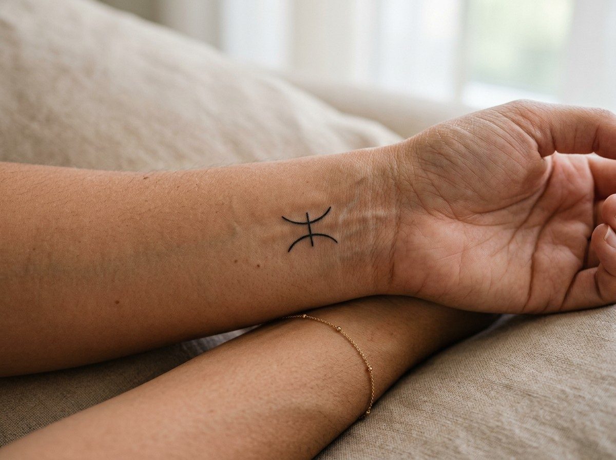 Pisces tattoo: pisces glyph on the inner wrist