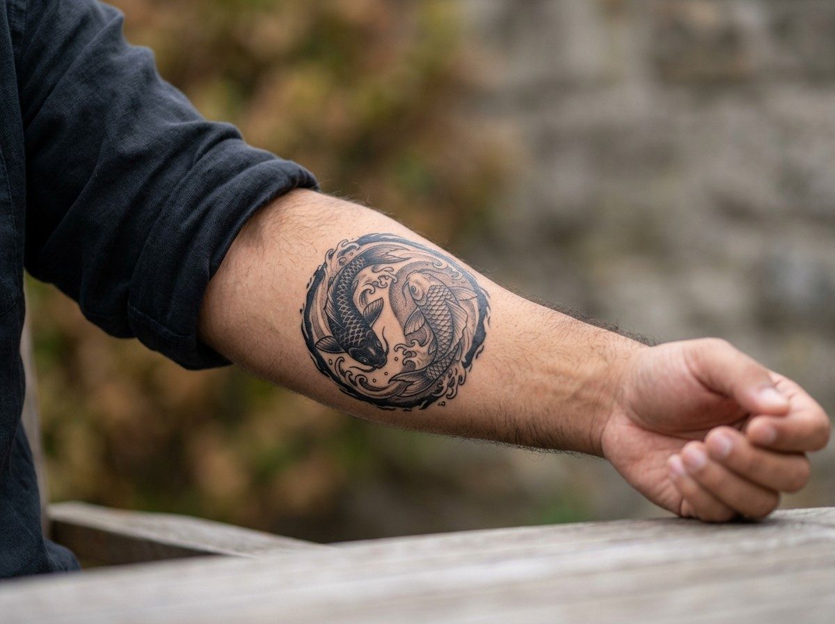 Pisces tattoo: koi pisces on the outer forearm
