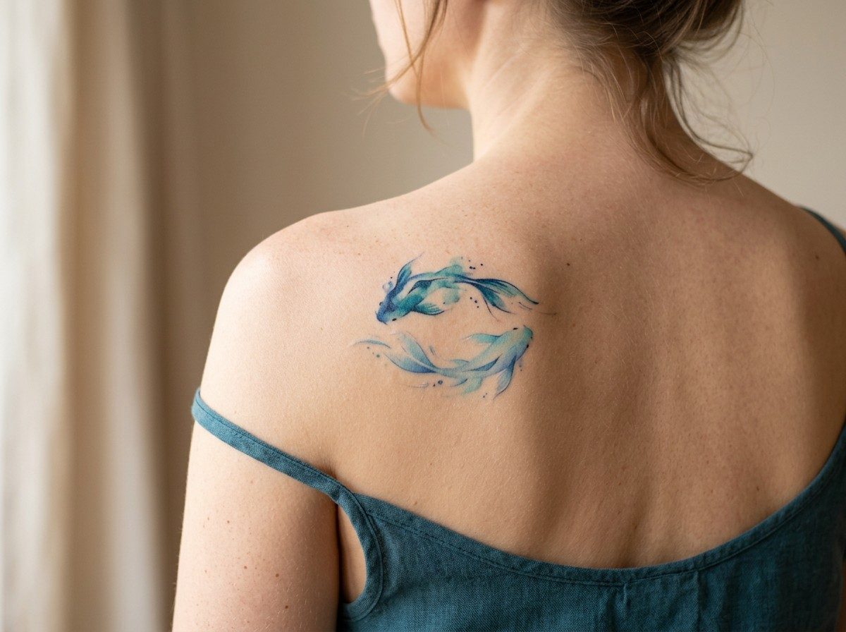 Pisces tattoo: watercolor fish on the shoulder blade