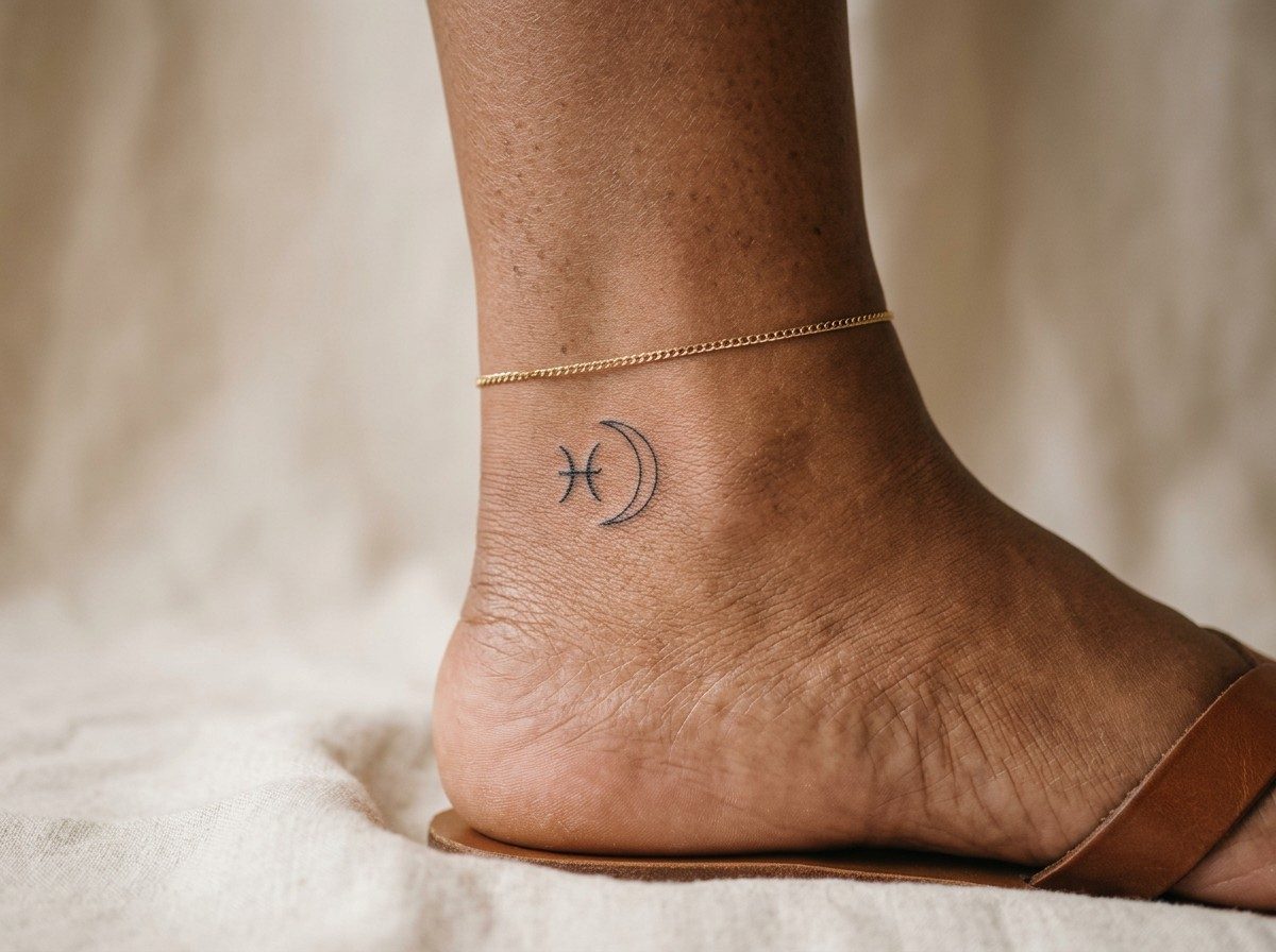 Pisces tattoo: glyph with moon on the ankle