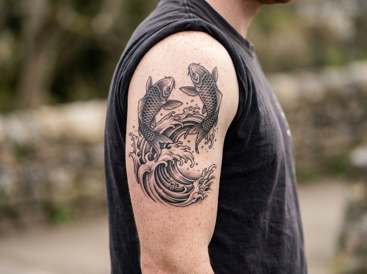 Pisces tattoo: pisces and waves on the upper arm