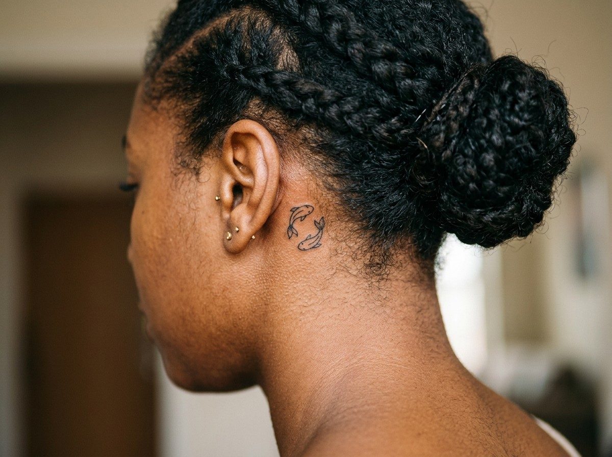 Pisces tattoo: minimal fish outline behind the ear