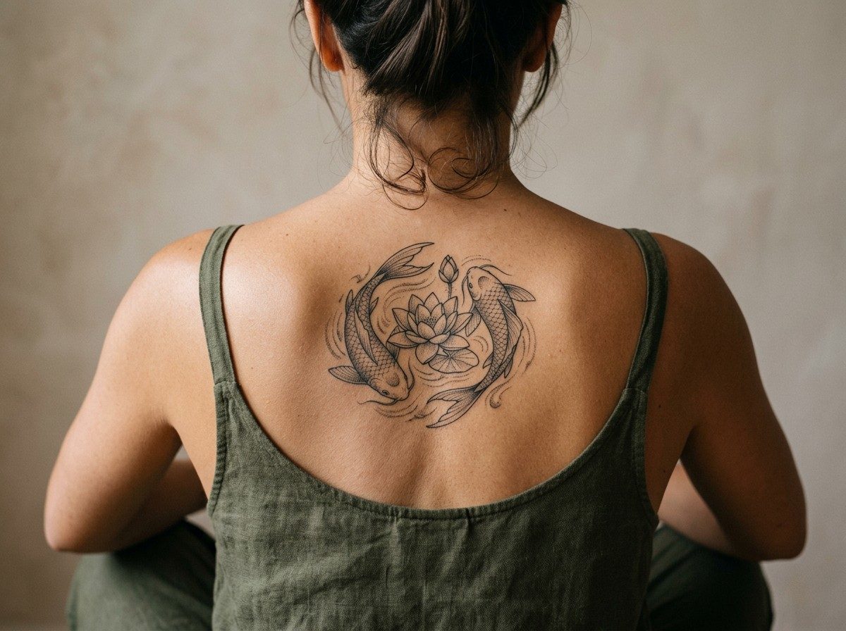 Pisces tattoo: pisces and lotus on the upper back
