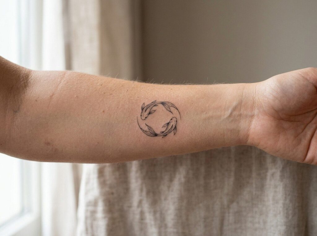 Pisces tattoo: two fish circling on the inner forearm