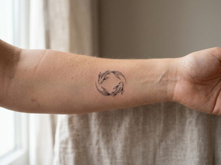Pisces tattoo: two fish circling on the inner forearm