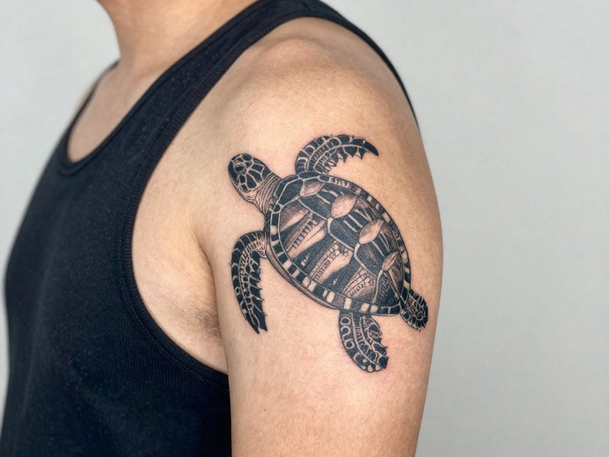 Turtle tattoo meaning: Polynesian honu sea turtle with bold tribal patterns on its shell tattoo on the shoulder