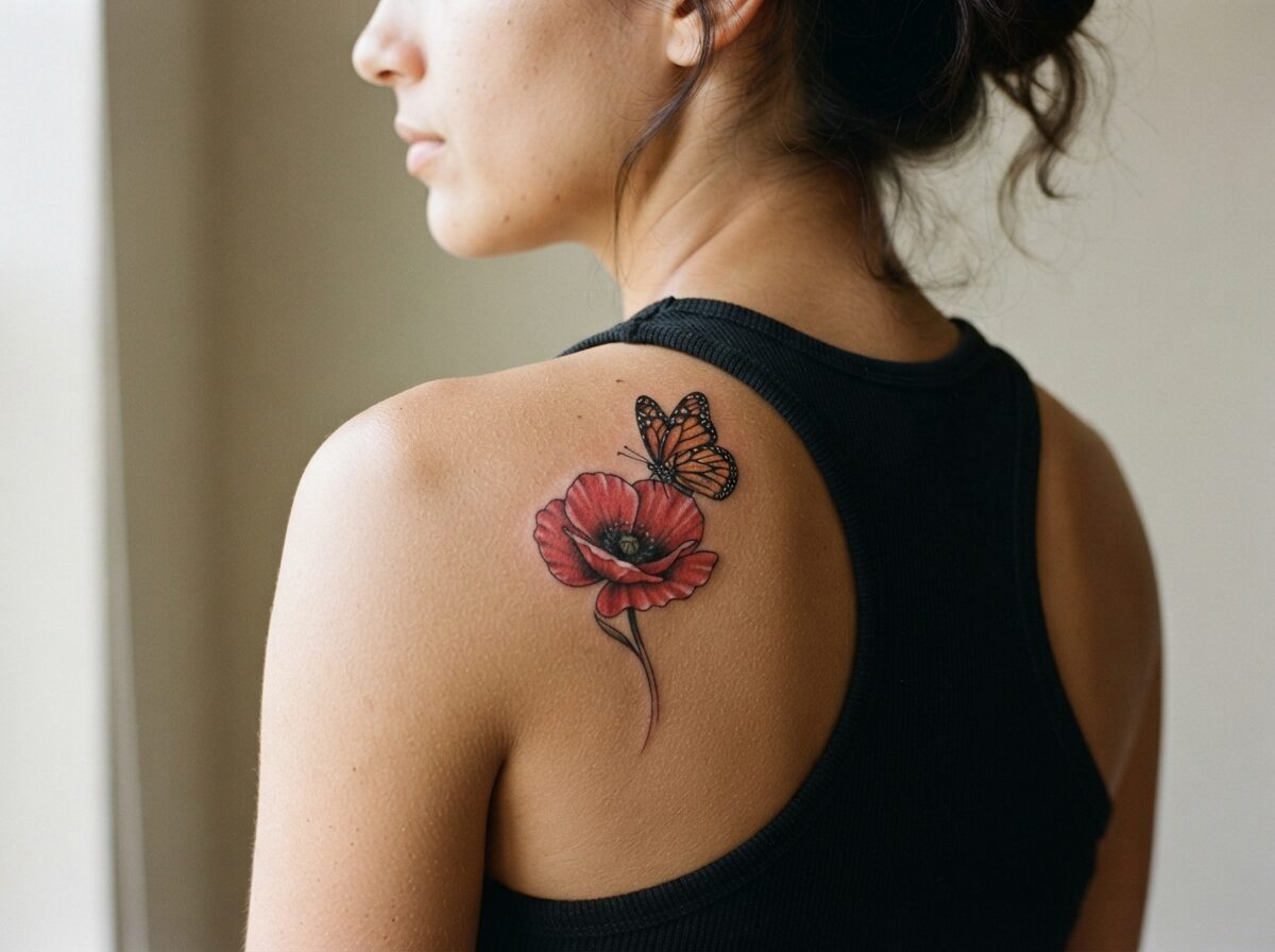 A red poppy with a butterfly rising from it on the shoulder