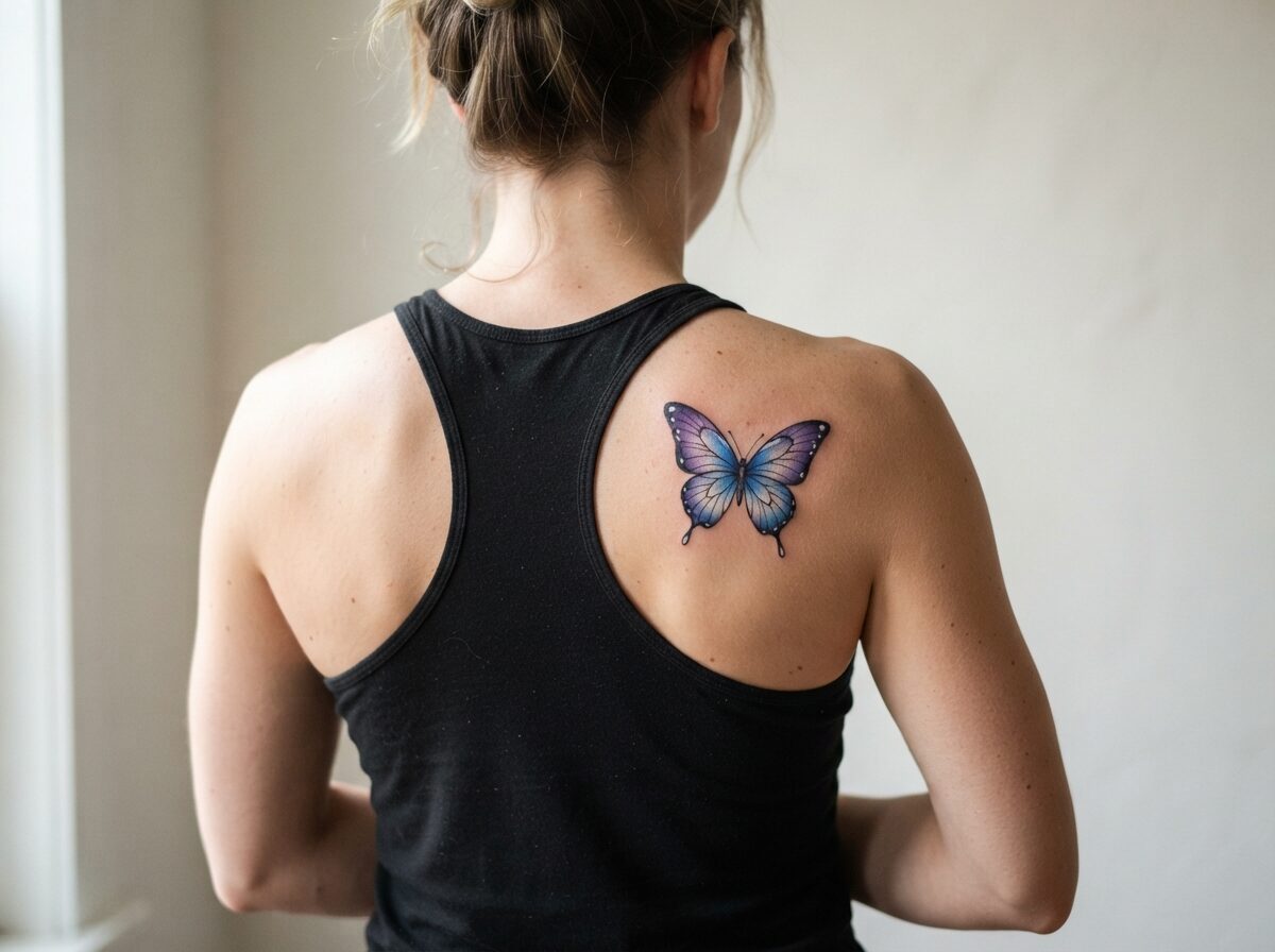 Purple and blue butterfly tattoo on the shoulder blade
