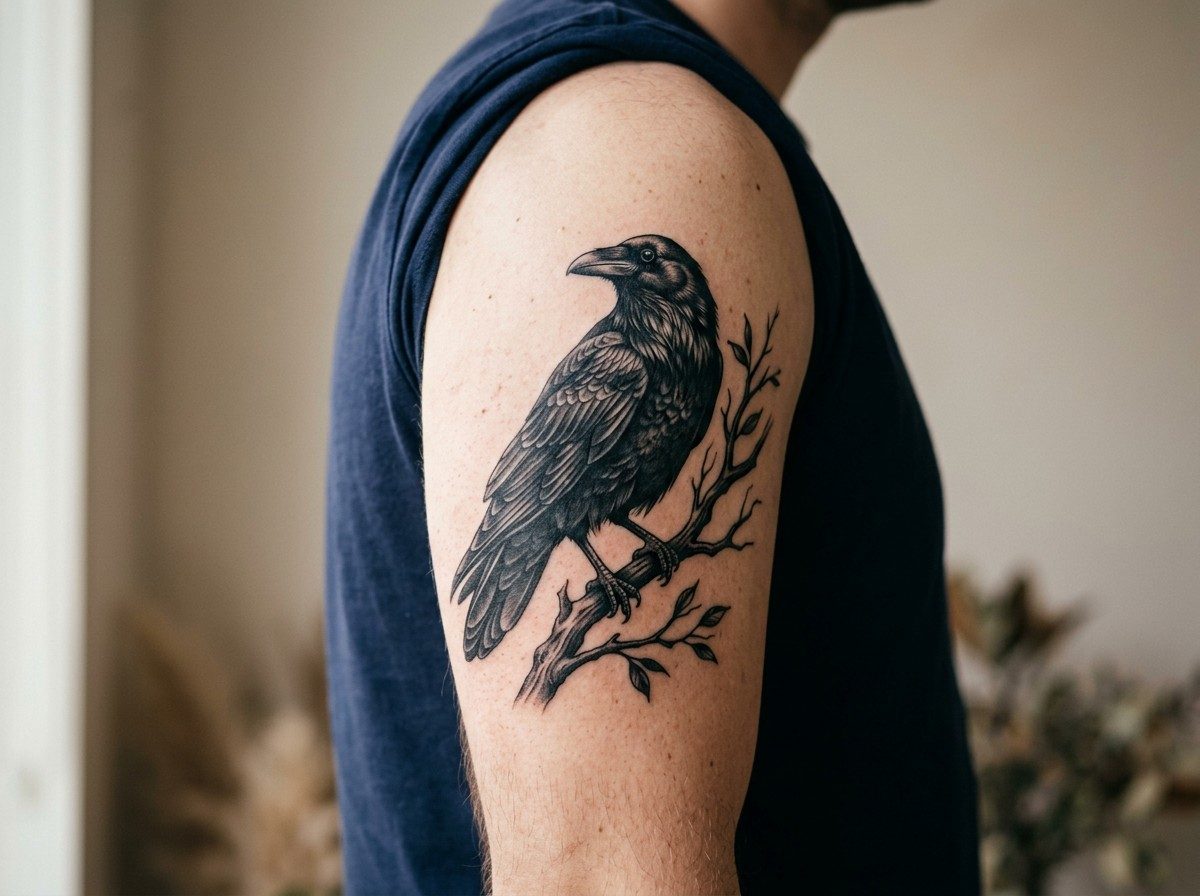 Raven tattoo: realistic raven on the upper arm