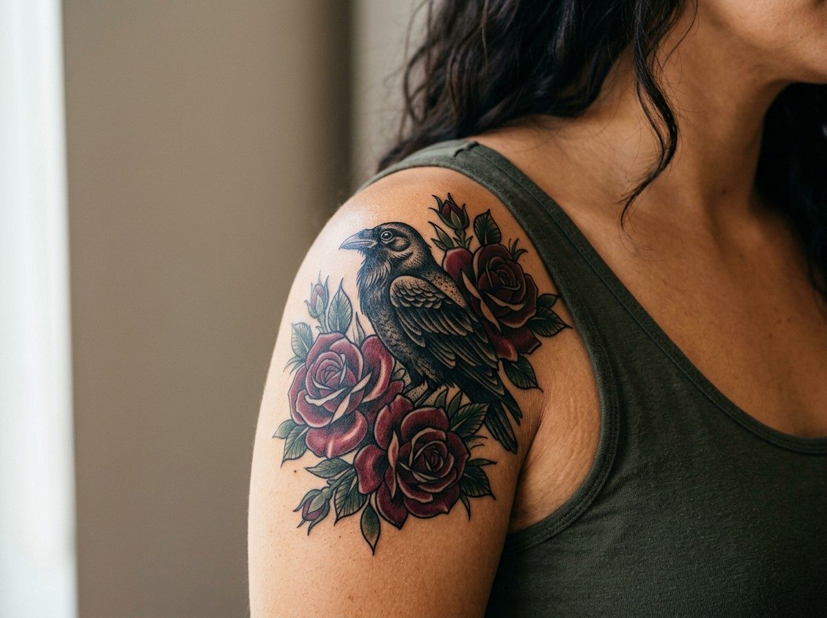 Raven tattoo: raven with roses on the shoulder