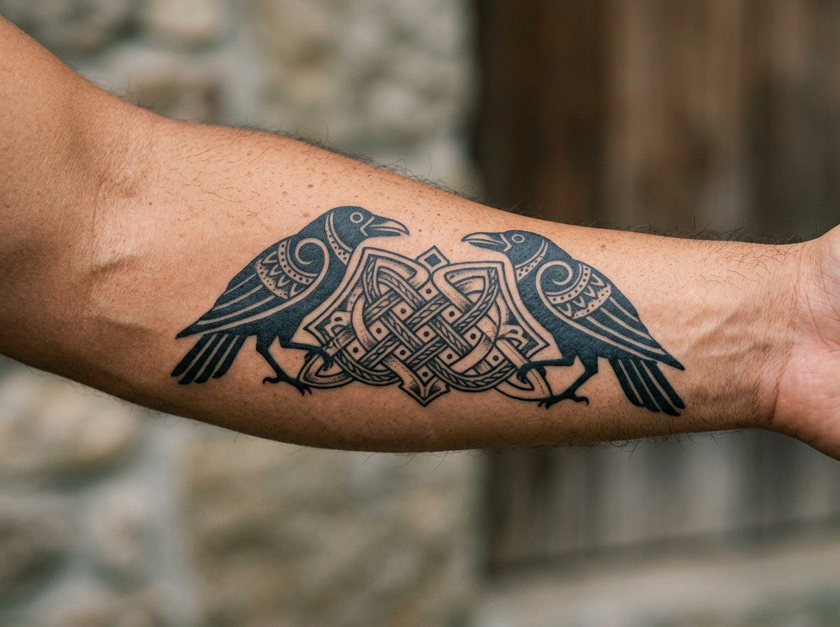 Raven tattoo: huginn and muninn on the outer forearm