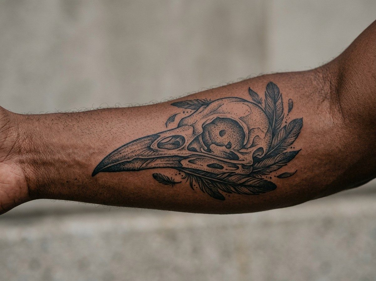Raven tattoo: raven skull on the forearm