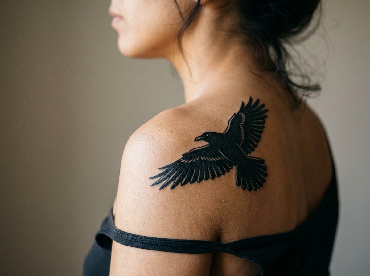 Raven tattoo: flying raven on the shoulder