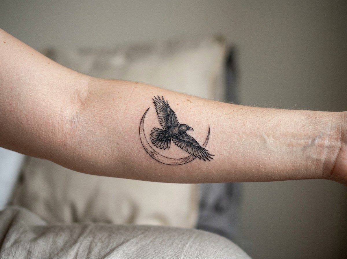 Raven tattoo: raven and moon on the inner forearm