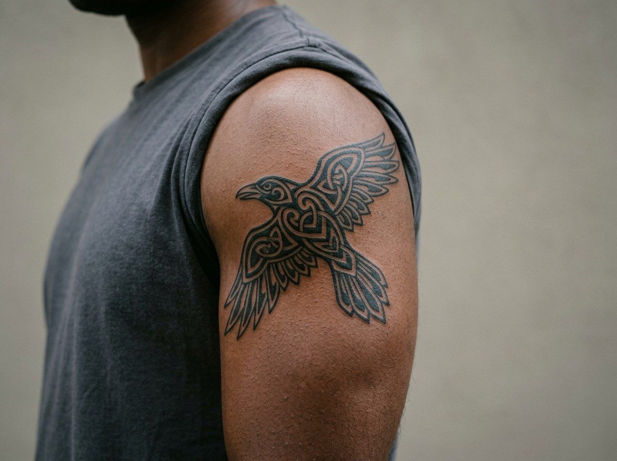 Raven tattoo: celtic raven on the upper arm