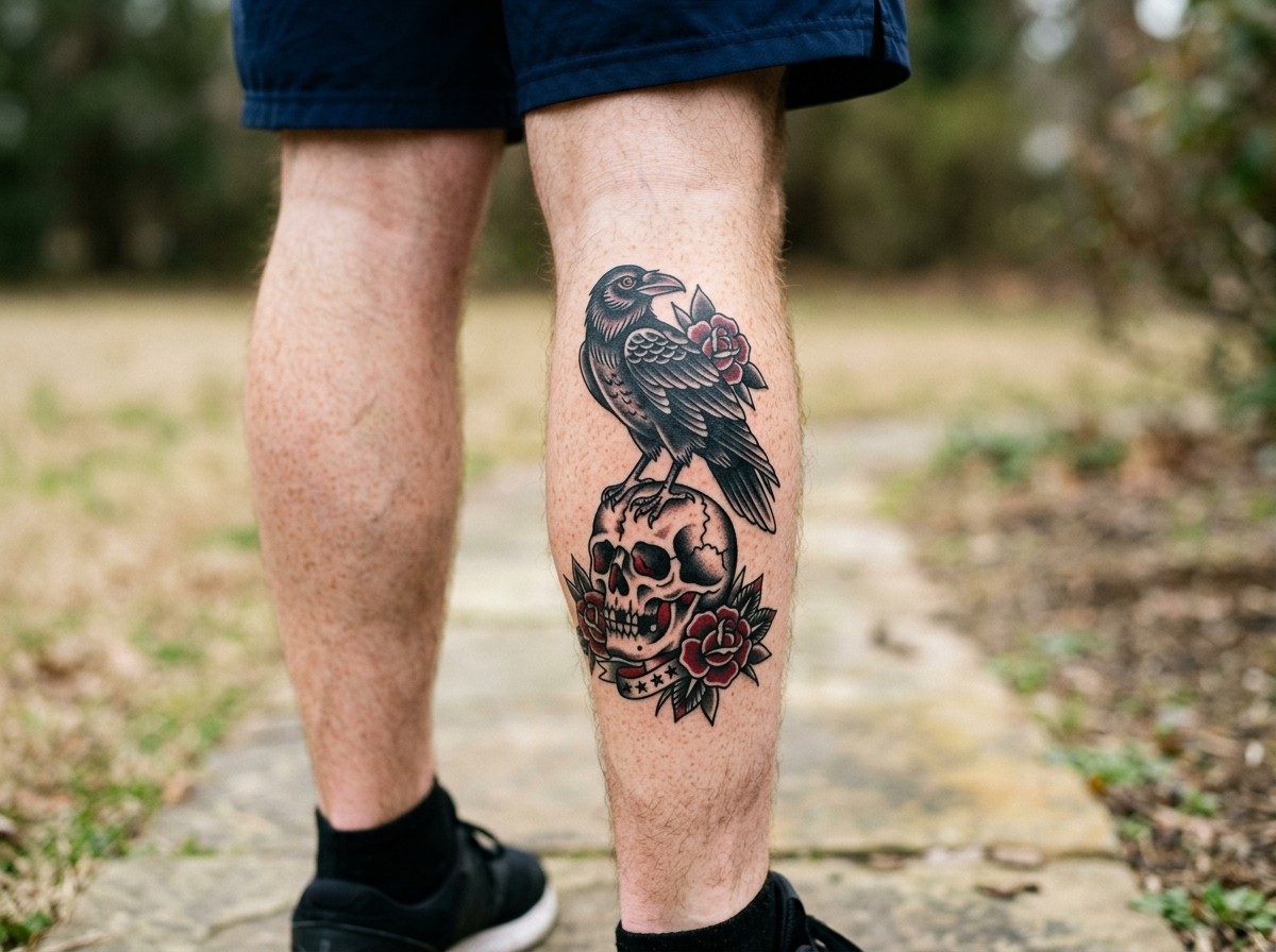 Raven tattoo: raven on a skull on the lower leg (human calf muscle)
