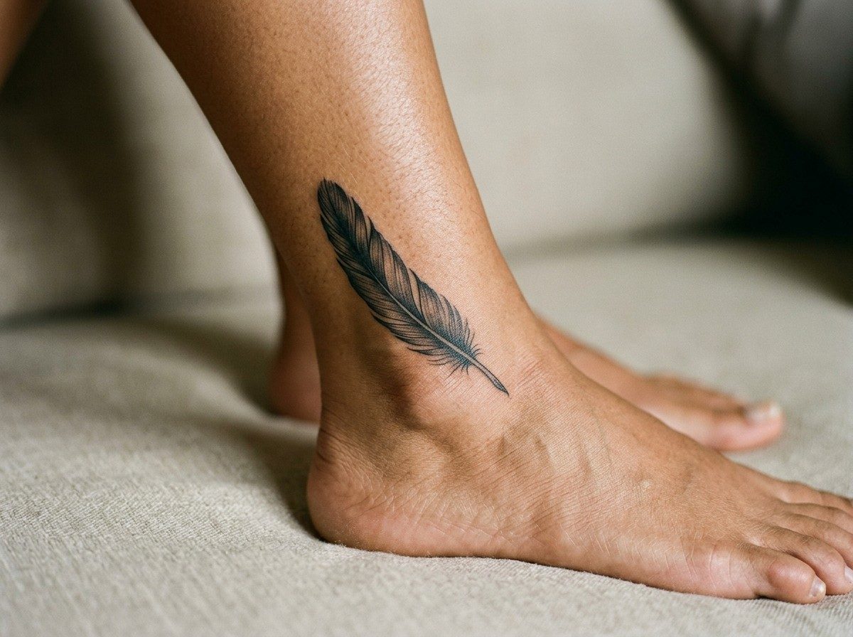 Raven tattoo: raven feather on the ankle