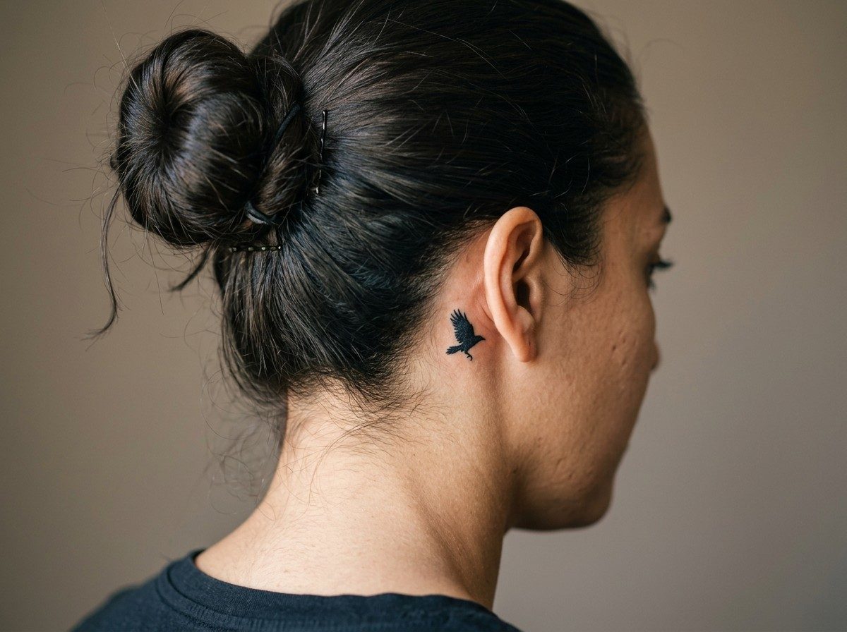 Raven tattoo: tiny raven behind the ear