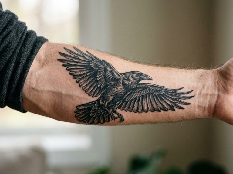Raven tattoo: realistic raven taking flight on the forearm