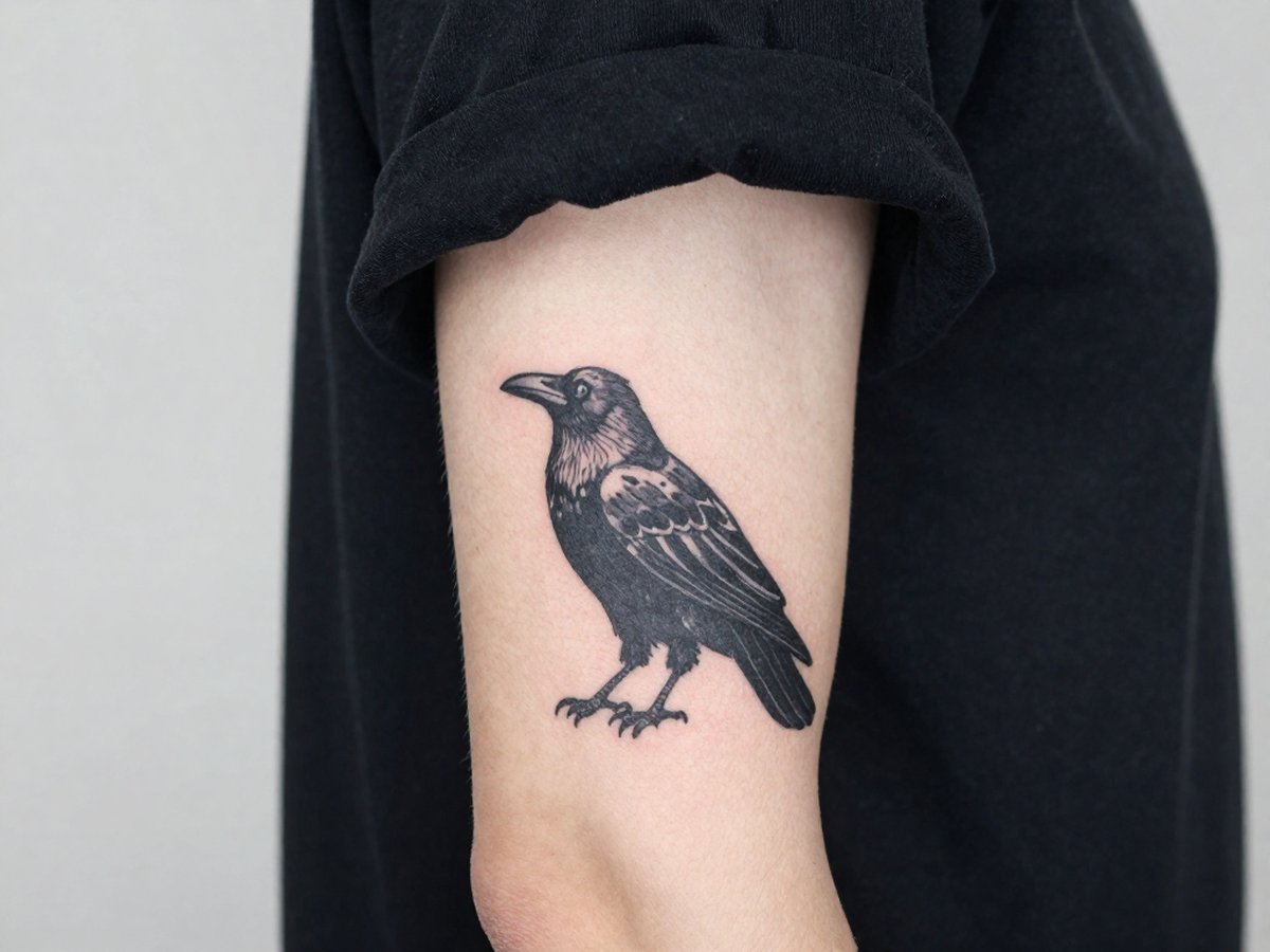 Detailed black raven tattoo on the upper arm