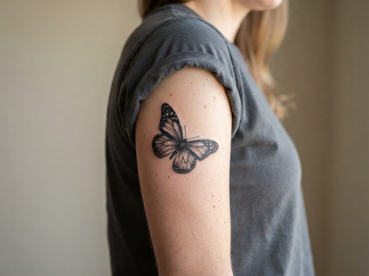 Monarch butterfly tattoo: realistic black and grey monarch on the upper arm