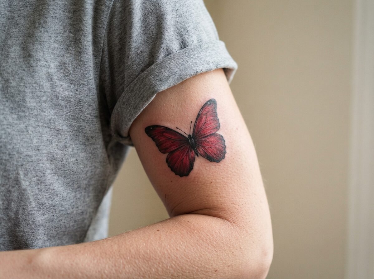 Realistic red butterfly tattoo on the upper arm