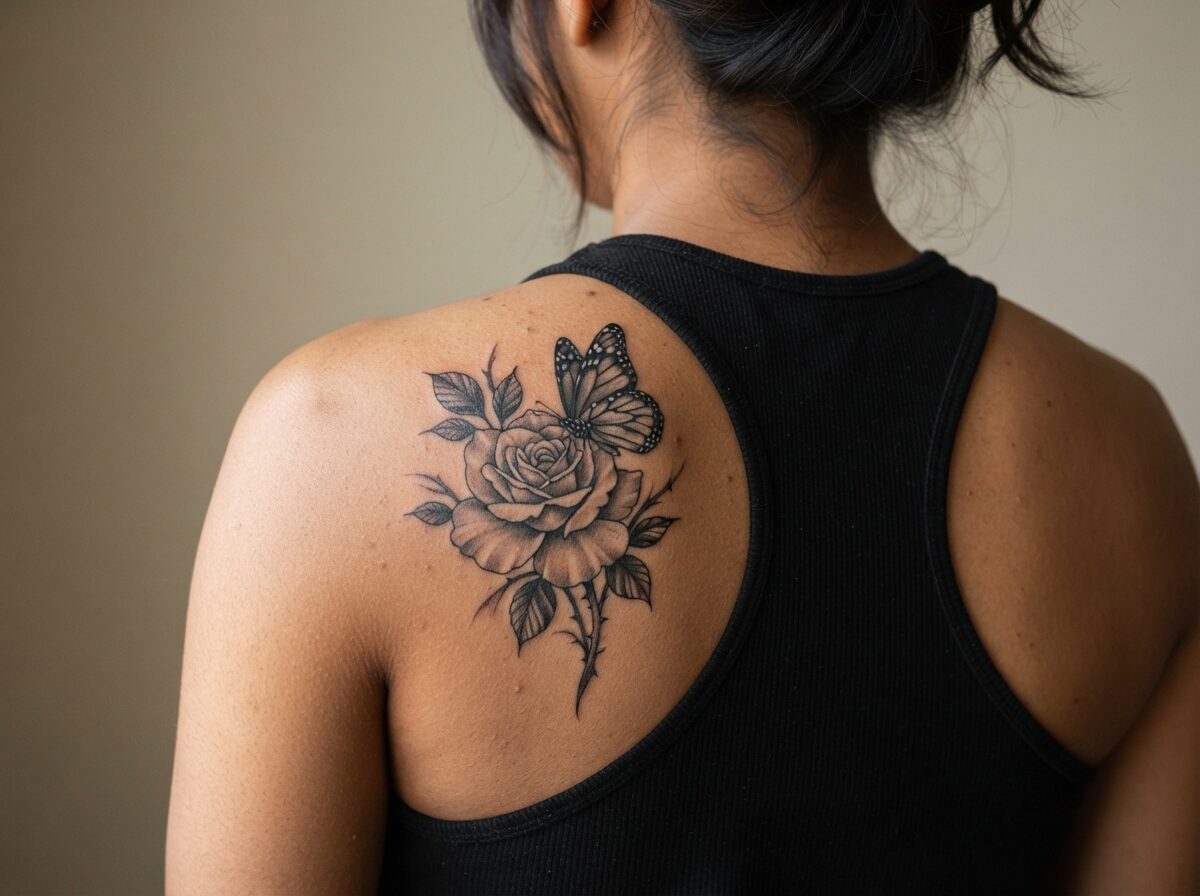 A realistic black and grey open garden rose with a monarch butterfly on the back of the shoulder