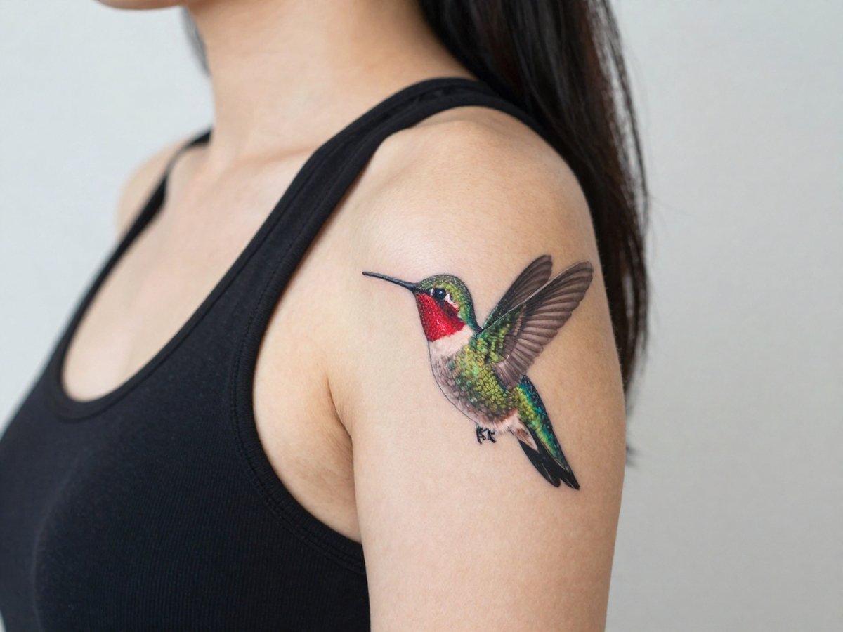 Hummingbird tattoo meaning: realistic ruby throated hummingbird with iridescent green feathers and a glowing red throat tattoo on the shoulder