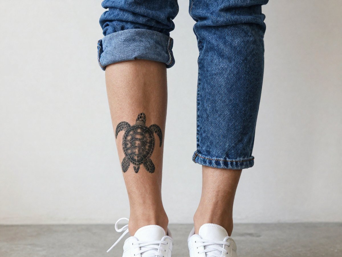 Realistic black and grey sea turtle with detailed shell plates tattoo on the back of the calf