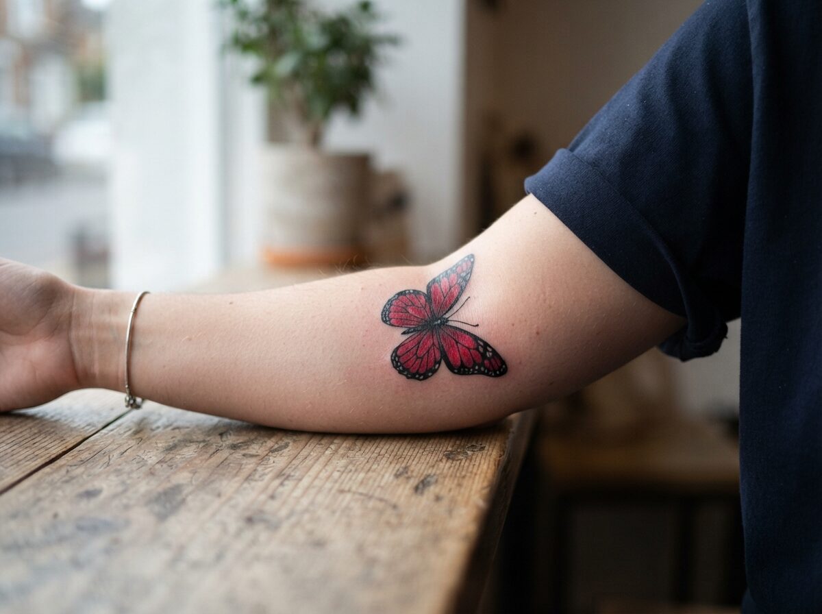 Red and black butterfly tattoo on the forearm